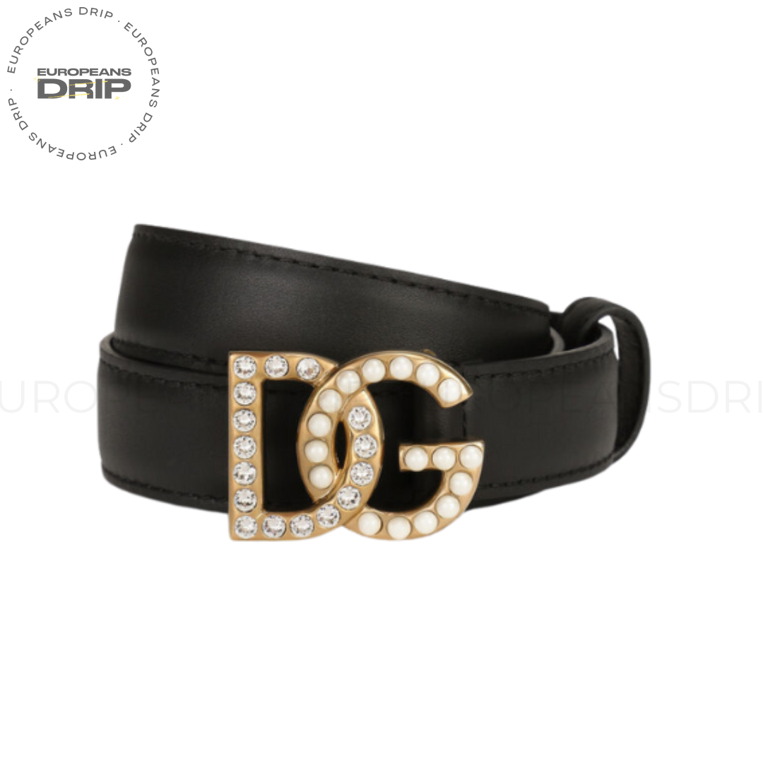 CALFSKIN BELT WITH DG LOGO WITH RHINESTONES AND PEARLS