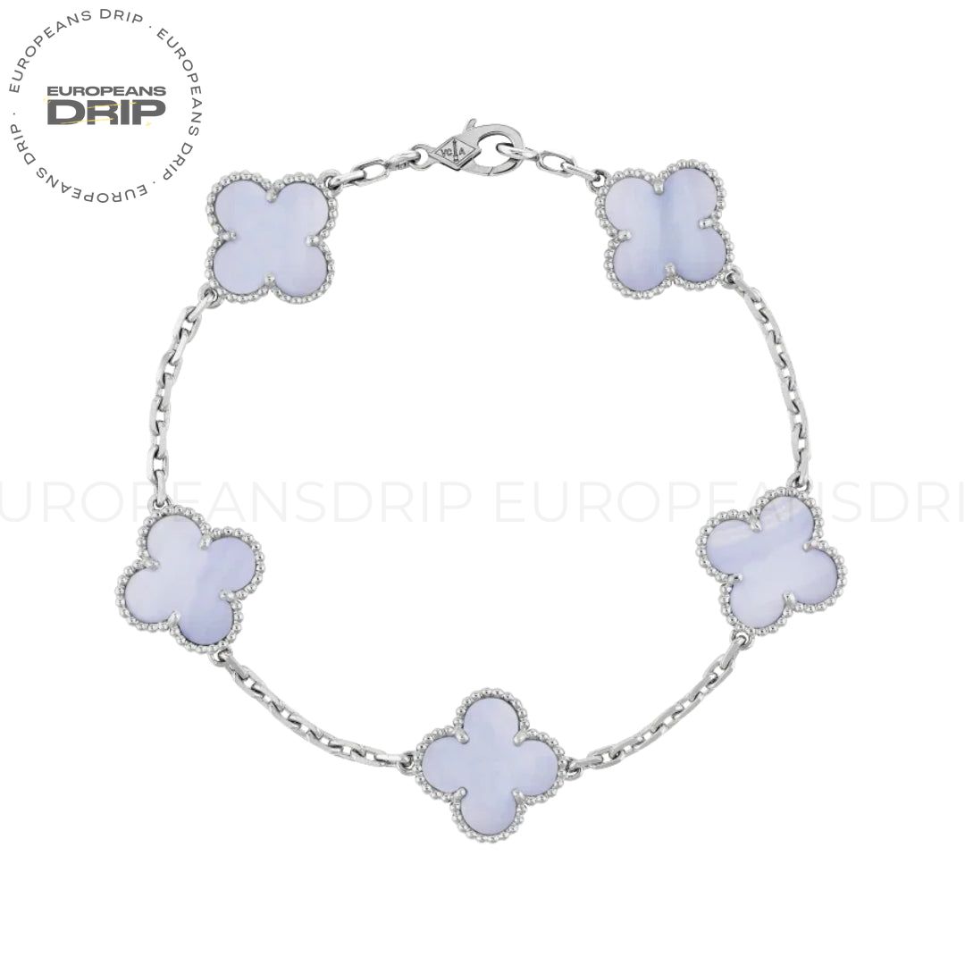 Alhambra Bracelet, 5 Motifs, White Gold, Chalcedony