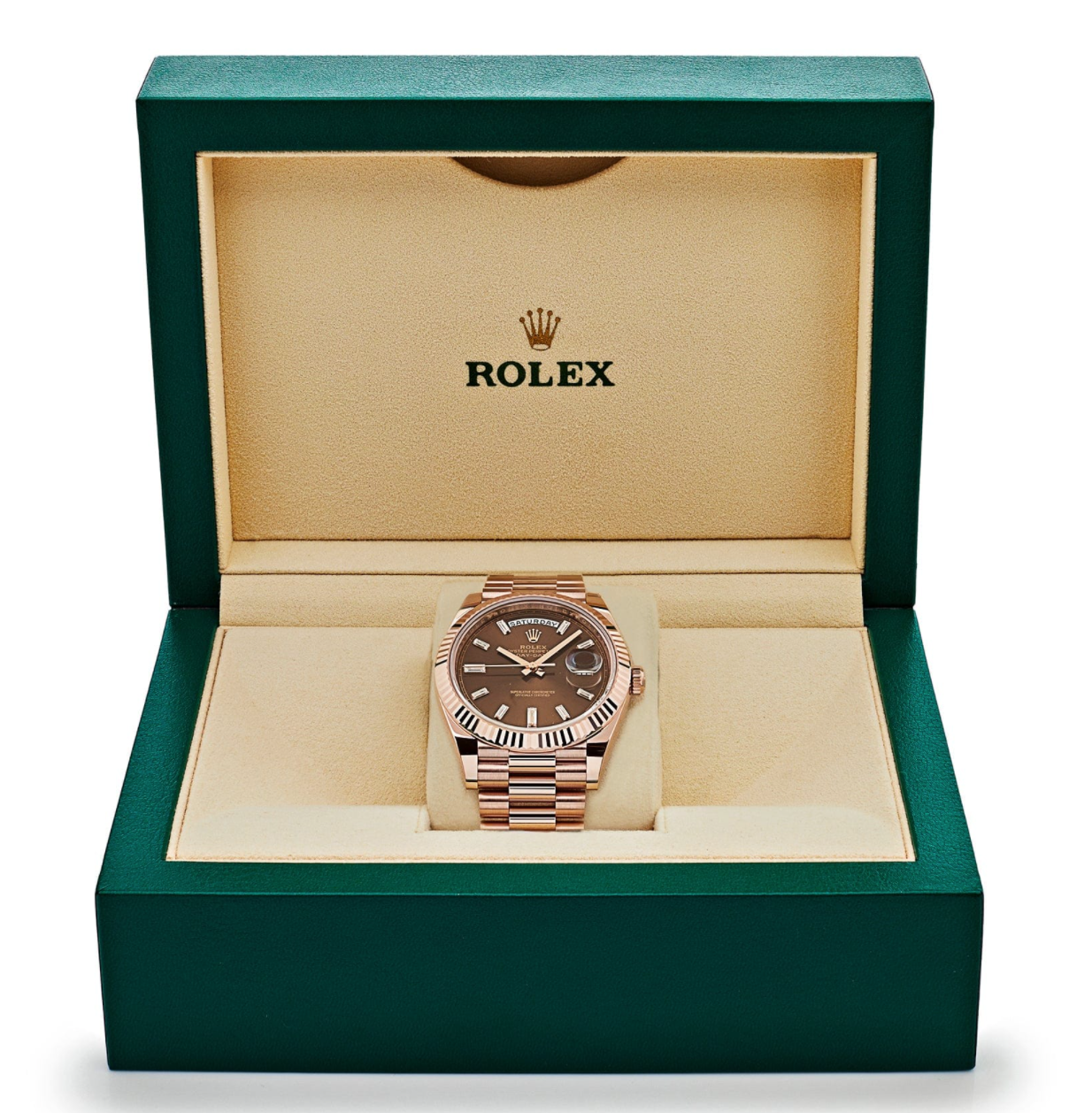 Day-date rose gold chocolate baguette diamond dial 40mm