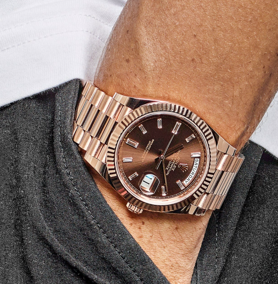 Day-date rose gold chocolate baguette diamond dial 40mm