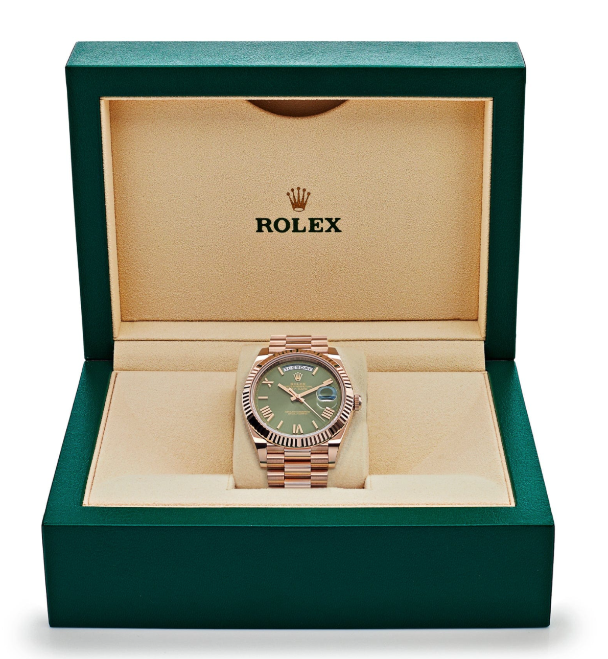 Day-date rose gold olive green dial 40mm