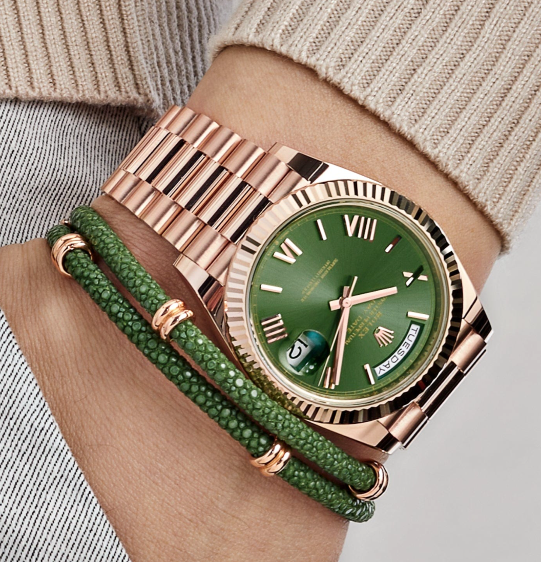 Day-date rose gold olive green dial 40mm