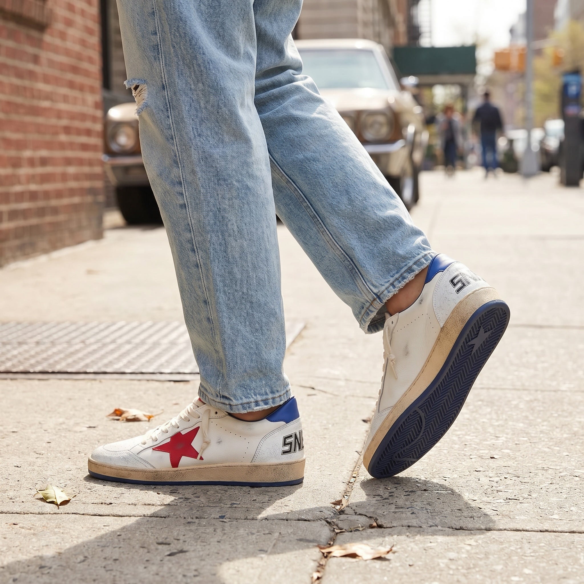 Star Distressed Leather White Blue Red