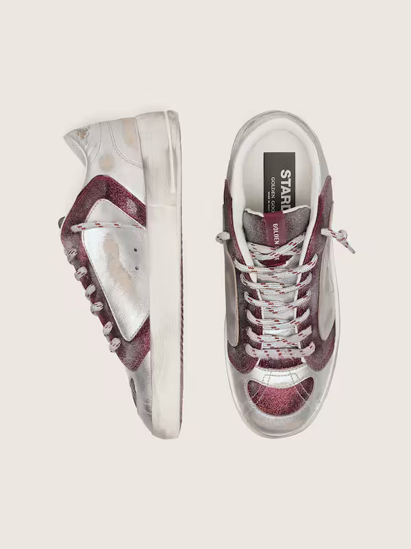 Star burgundy and silver leather and glitter
