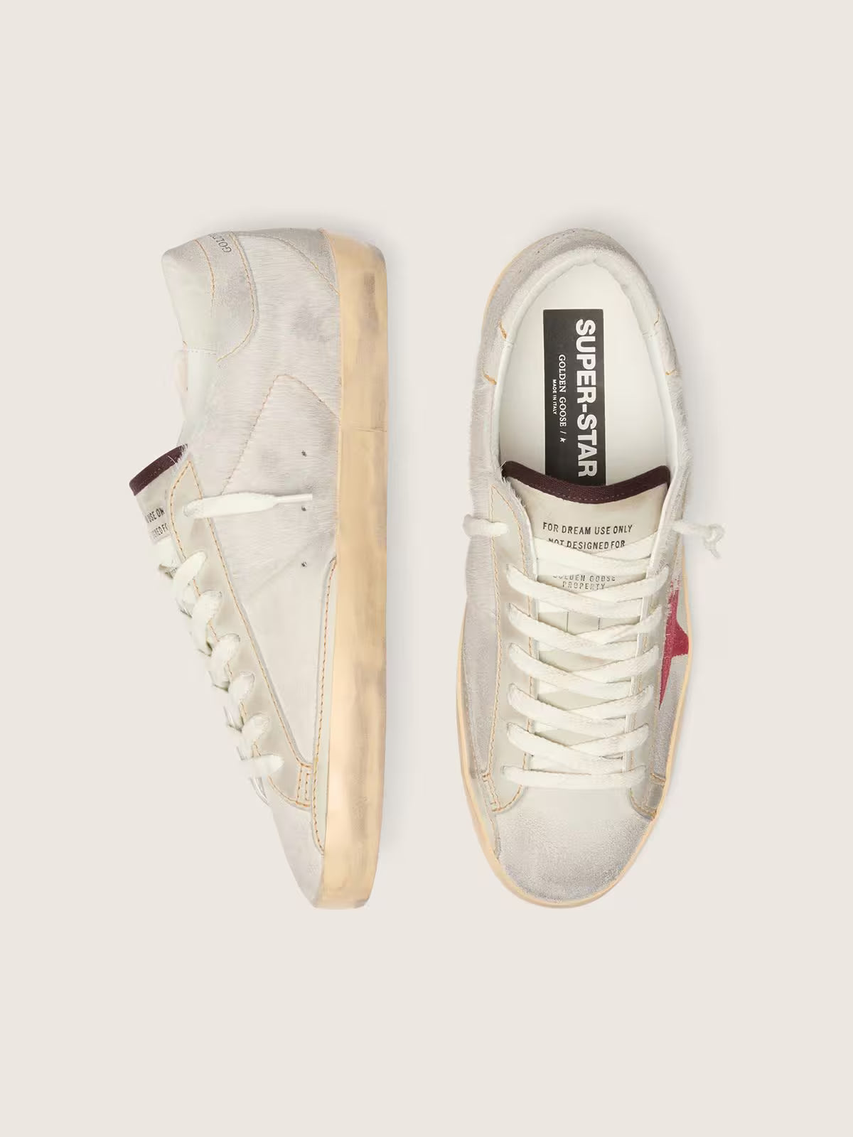 Star white pony skin with red suede