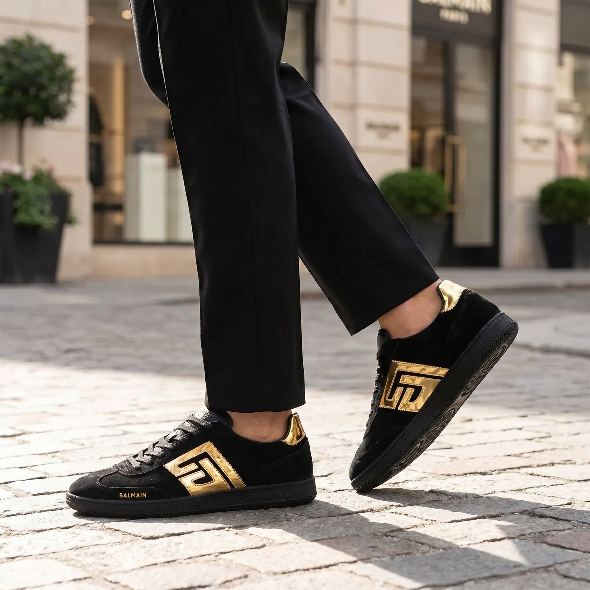 Swan Goatskin Suede Black Gold Sneakers